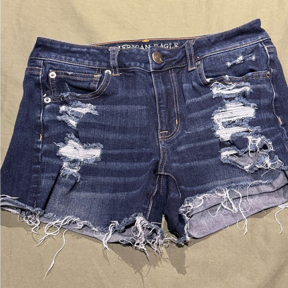 American Eagle Outfitters Women's Dark Blue Distressed Jean Shorts